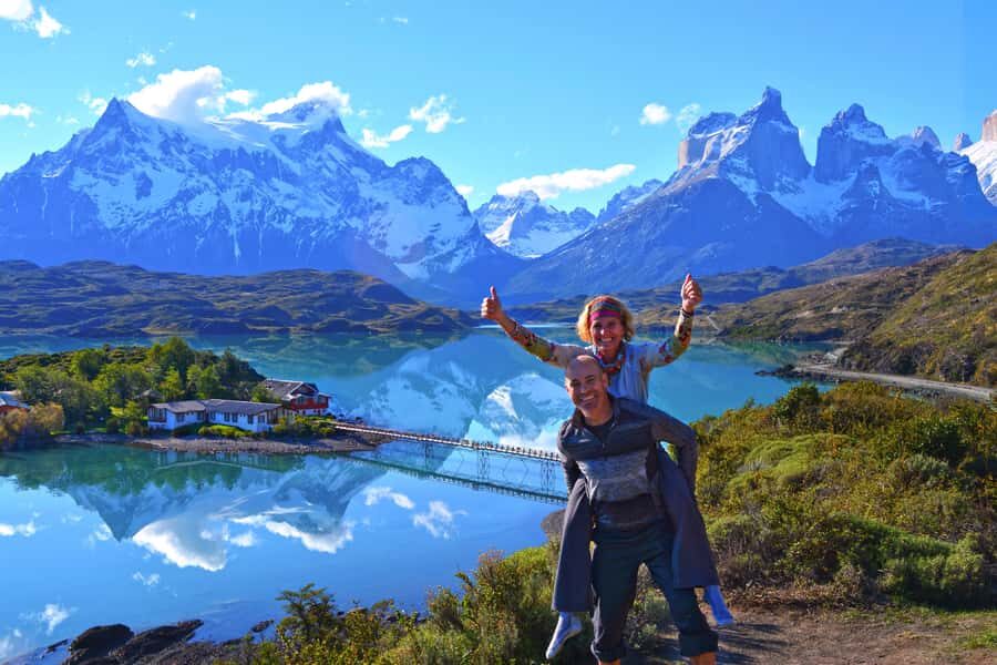 From El Calafate: Torres del Paine Full Day Tour - The first big views: Lago Sarmiento, Río Paine Falls, and Cuernos del Paine from the road